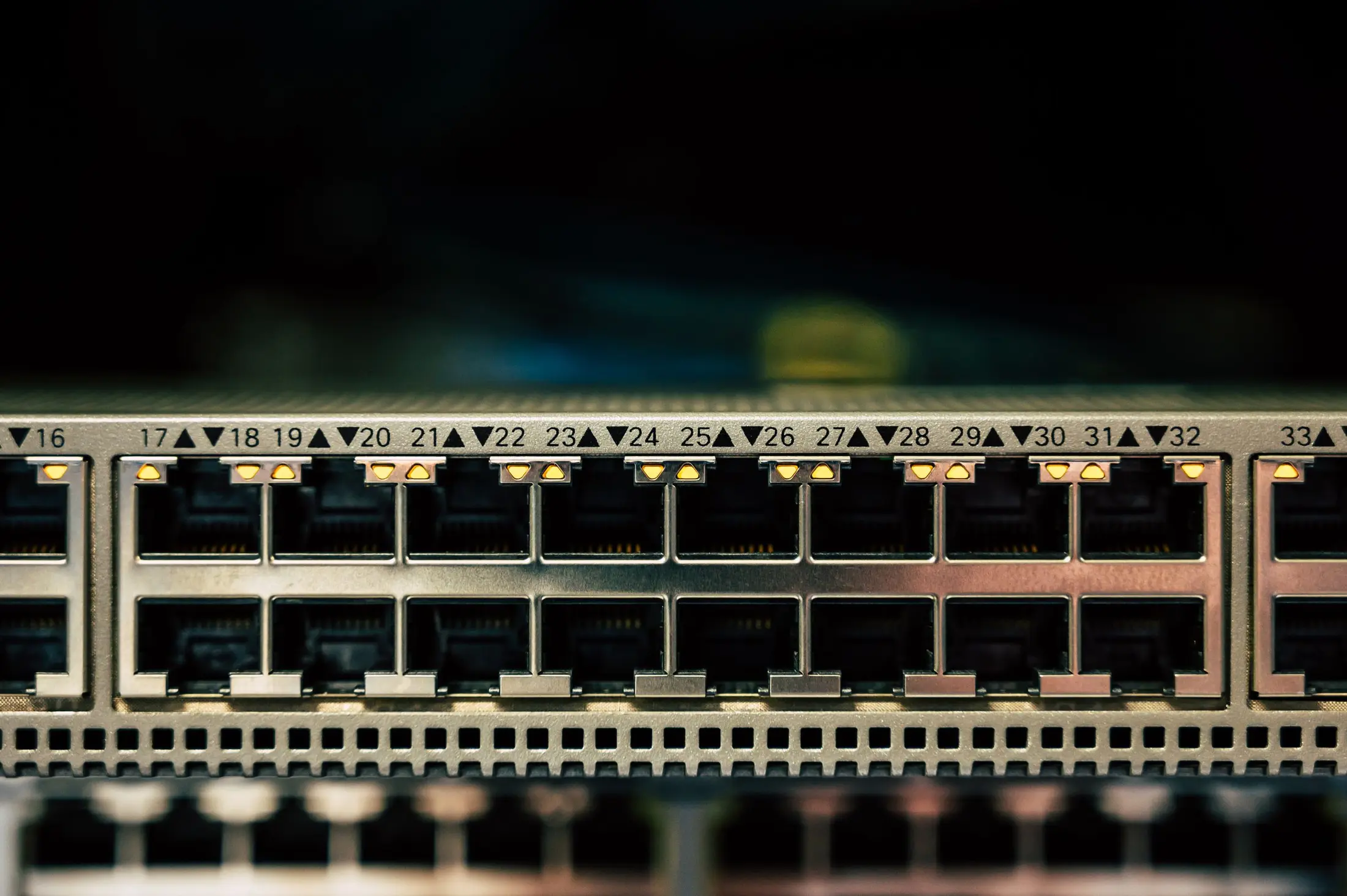 Close-up of a rack switch with rows of network ports