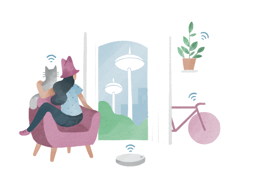 Connected home: woman with cat in armchair, plant, bike, robot vacuum, all WiFi-linked.